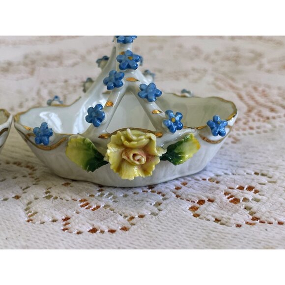 Antique 2 Porcelain Rose & Forget Me Nots Trinket Basket Elfinware Floral German - Picture 15 of 15